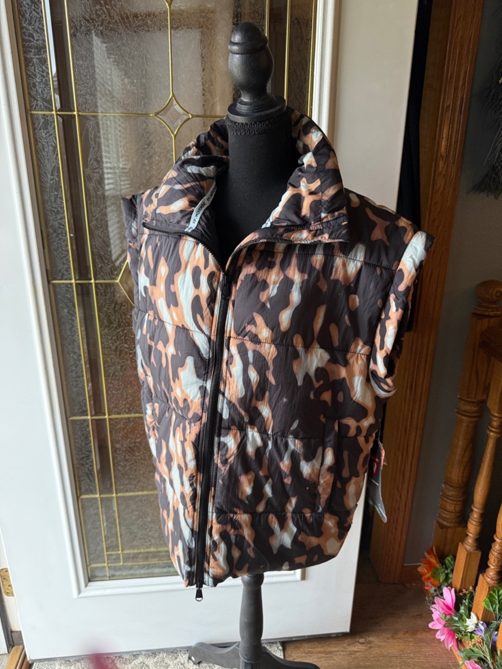 Free People Brown Black Cream Leopard Print Puffer Vest